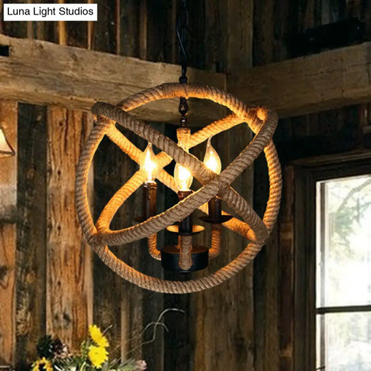 Coastal Black Pendant Lights With Rope-Wrapped Hoops: Candle Chandelier