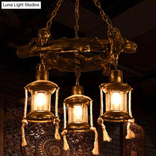 Coastal Bronze 3-Light Chandelier With Clear Glass Pendant Lamp - Kerosene Inspired Fixture Antique