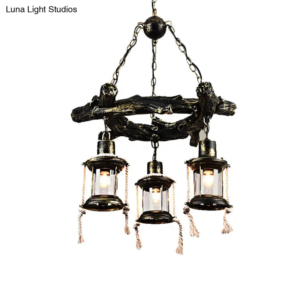 Coastal Bronze Chandelier Light Fixture With Clear Glass 3 Lights And Kerosene Pendant Lamp
