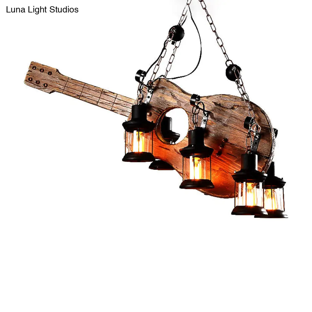 Coastal Brown Lantern Chandelier With Clear Glass And Wooden Accents - 6-Light Pendant Fixture For