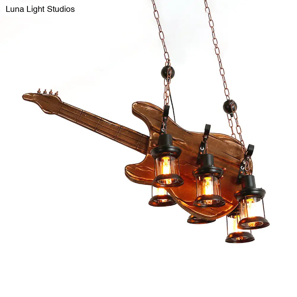 Coastal Brown Lantern Chandelier With Clear Glass And Wooden Accents - 6-Light Pendant Fixture For