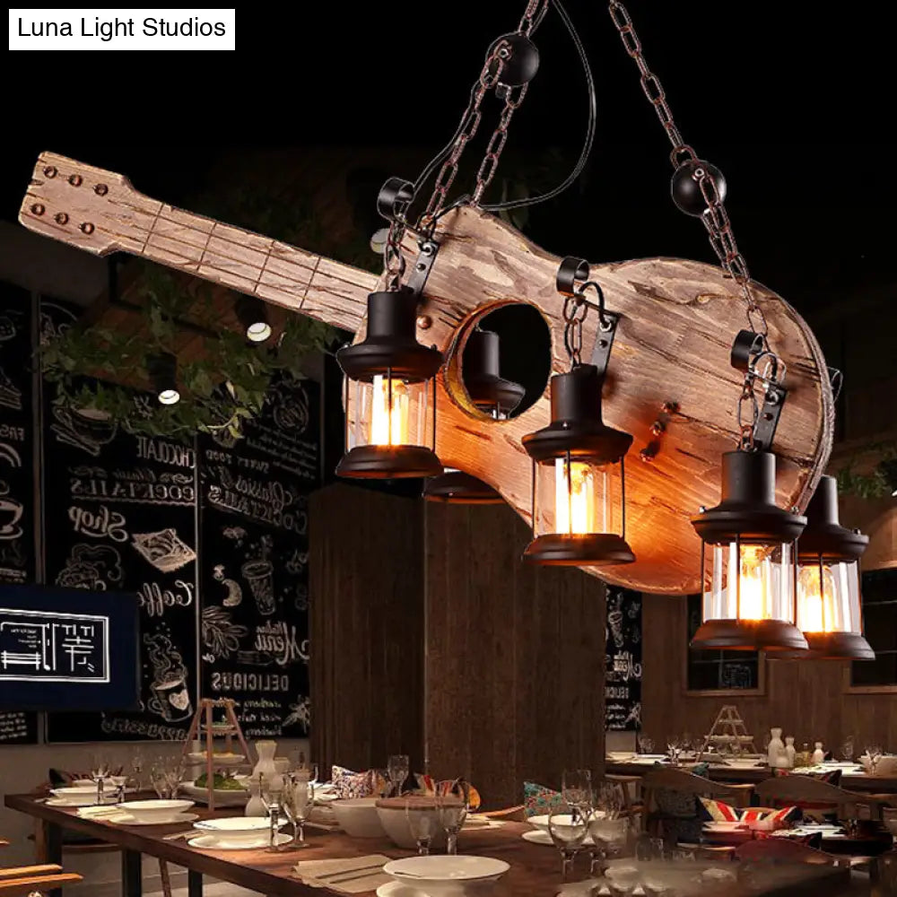 Coastal Brown Lantern Chandelier With Clear Glass And Wooden Accents - 6-Light Pendant Fixture For