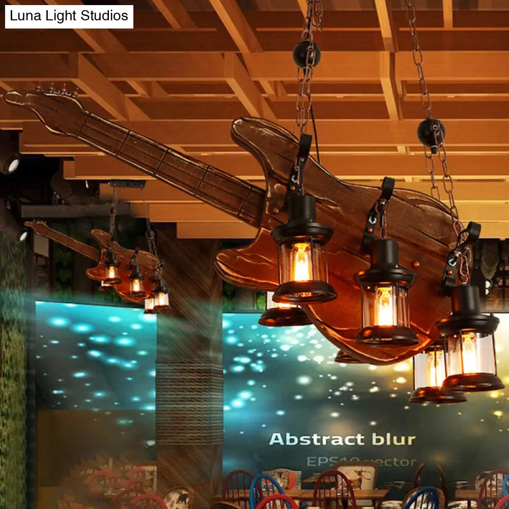 Coastal Brown Lantern Pendant Light With 6-Light Clear Glass Chandelier - Wood Accent For Living
