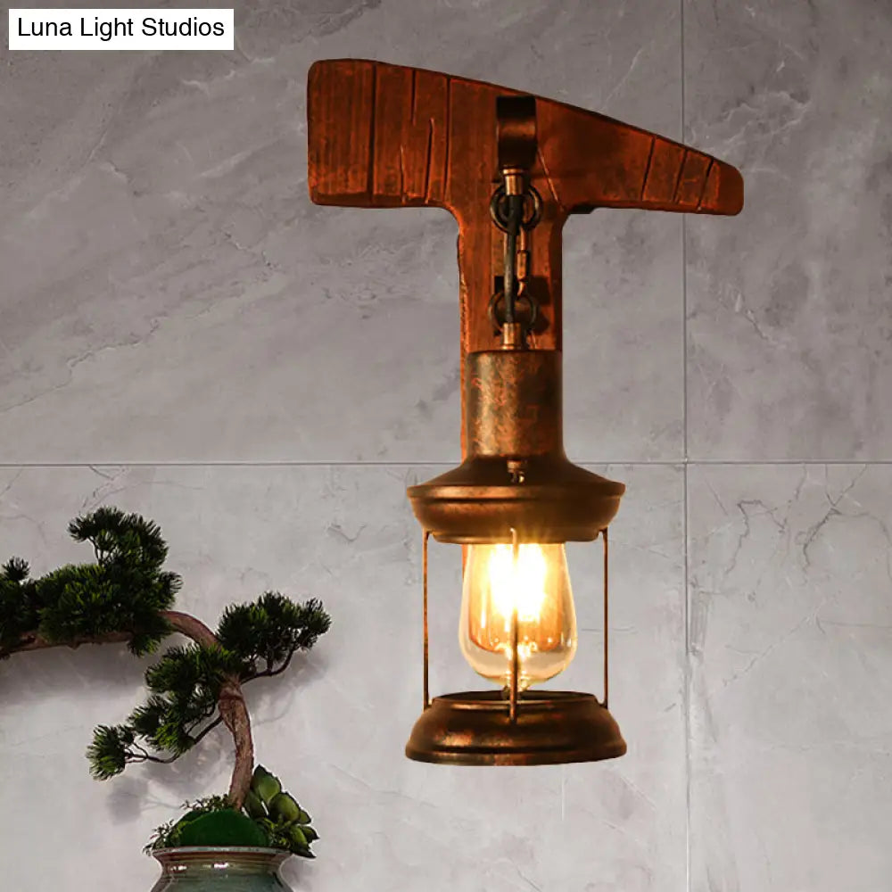 Coastal Clear Glass Lantern Sconce Light With Wooden Backplate - Rustic One-Light Fixture