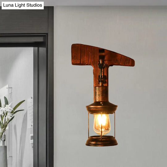 Coastal Clear Glass Lantern Sconce Light With Wooden Backplate - Rustic One-Light Fixture