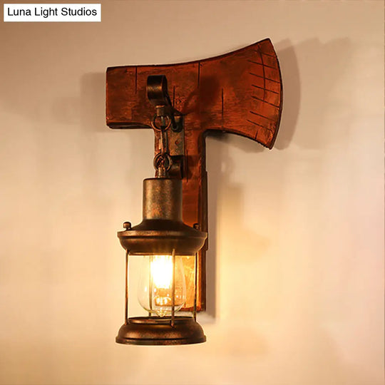 Coastal Clear Glass Lantern Sconce Light With Wooden Backplate - Rustic One-Light Fixture