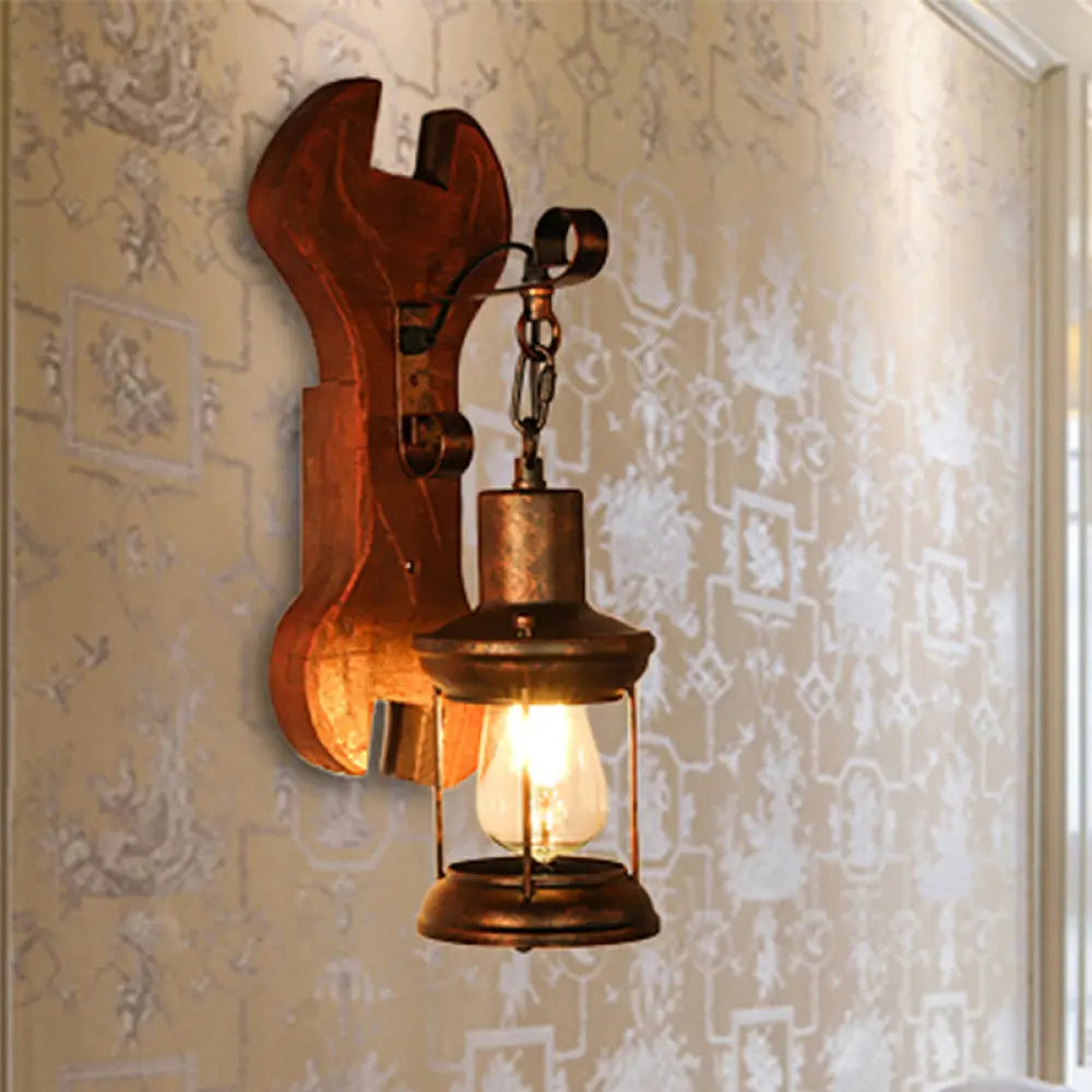 Coastal Clear Glass Lantern Sconce Light With Wooden Backplate - Rustic One-Light Fixture Rust / C