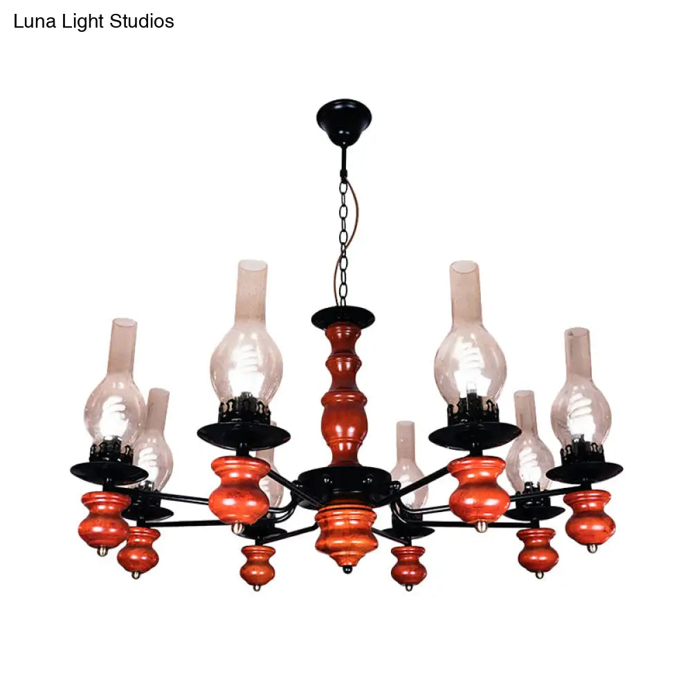 Coastal Clear Glass Pendant Chandelier With 8 Heads And Red Brown Wood Base - Vase Dining Room