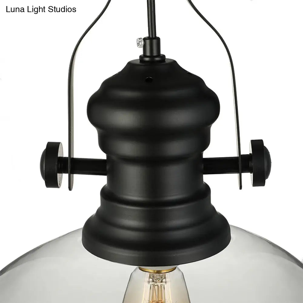 Coastal Black Dome Pendant Light With Clear Glass - Single-Bulb Hanging Lamp For Dining Room