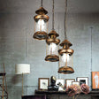 Coastal Kerosene 3-Head Pendant Lamp In Brass With Clear Ribbed Glass Shade