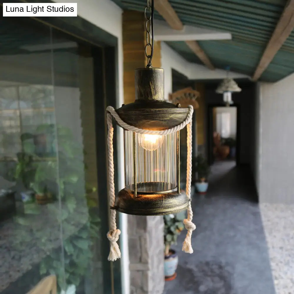 Coastal Kerosene Pendant Light: Clear Glass Hanging Ceiling Light In Antique Brass/Weathered Copper