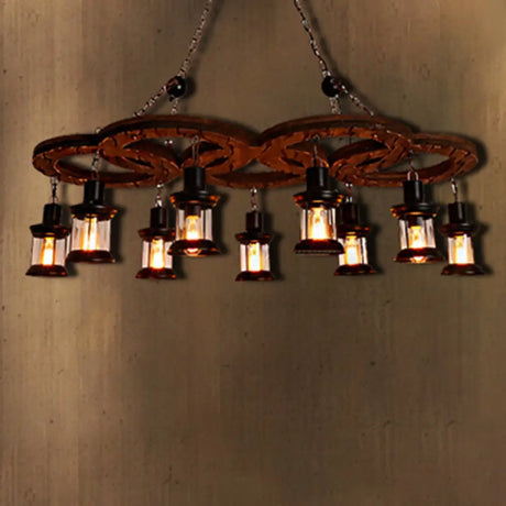 Coastal Lantern Chandelier: Clear Glass Lighting Pendant With Black Finish And Wooden Shelf