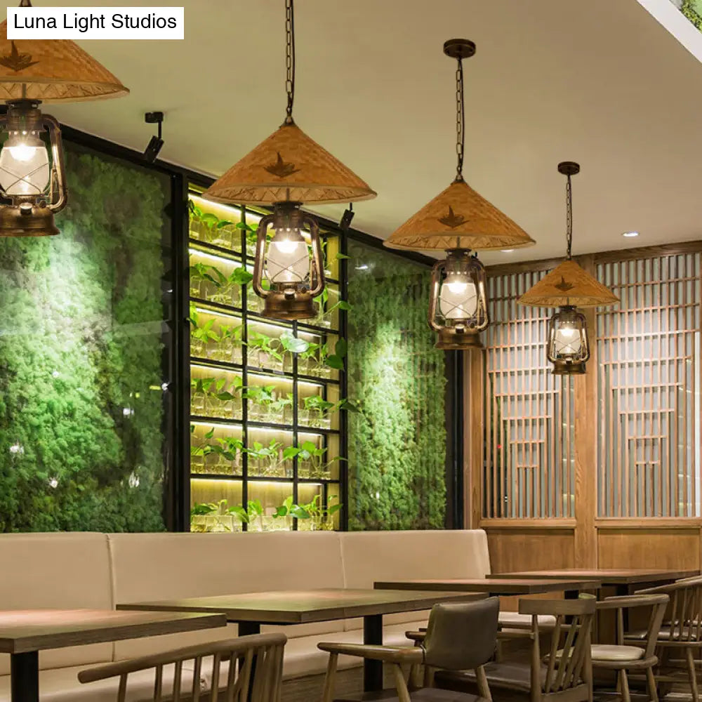 Coastal Lantern Pendant Lamp With Clear Glass Shade And Bamboo Top - 1 Bulb Hanging Light Fixture