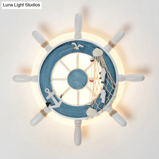 Coastal Led White/Blue Wall Mount Lamp: Rudder Resin Lighting With Round Acrylic Shade In Warm/White