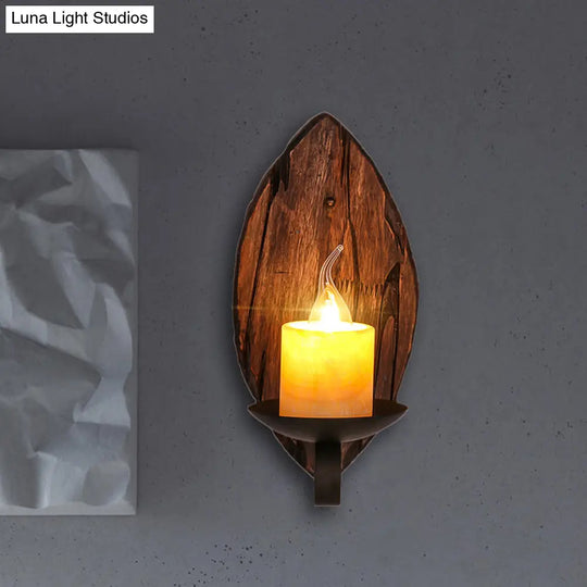 Coastal Marble Cylinder Coffee Shop Wall Light Fixture - 1 Brown Sconce Lamp With Wooden Base