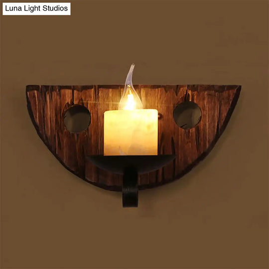 Coastal Marble Cylinder Coffee Shop Wall Light Fixture - 1 Brown Sconce Lamp With Wooden Base