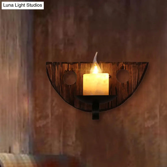 Coastal Marble Cylinder Coffee Shop Wall Light Fixture - 1 Brown Sconce Lamp With Wooden Base