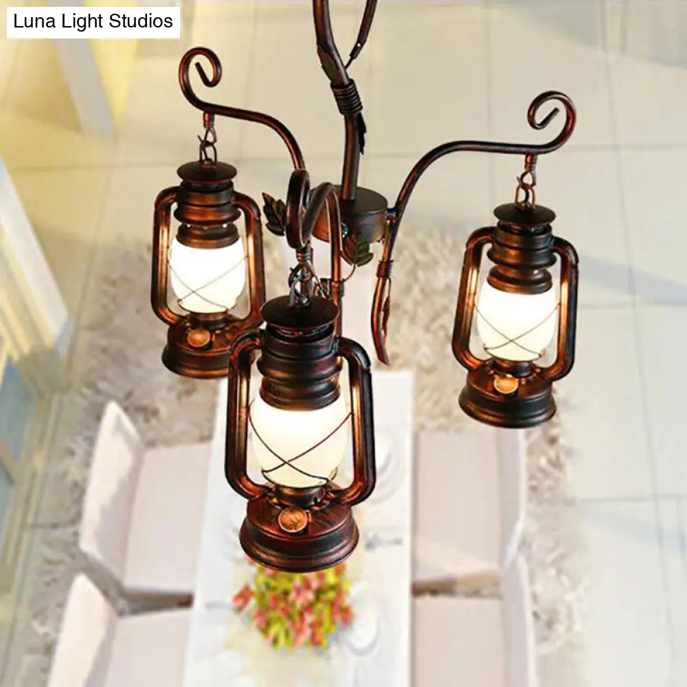 Coastal Opal Glass Chandelier With Weathered Copper Finish - 3-Light Pendant For Dining Room