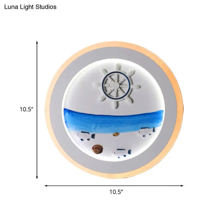 Coastal Scenery Led Round Wall Lamp: White Acrylic Decor For Bedroom