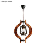 Coastal Style Bronze Kerosene Lamp Pendant With Wood Frame - 1 Light Hanging Bar Metal Fixture