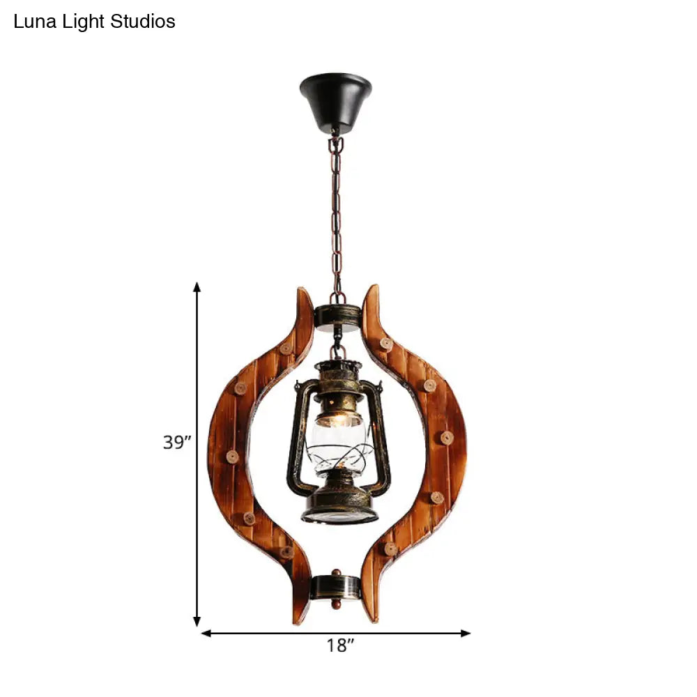 Coastal Style Bronze Kerosene Lamp Pendant With Wood Frame - 1 Light Hanging Bar Metal Fixture