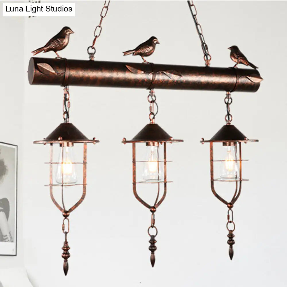 Coastal Style Metal Caged Island Pendant Light - 3-Light Kitchen Hanging Lamp In Bronze/Weathered