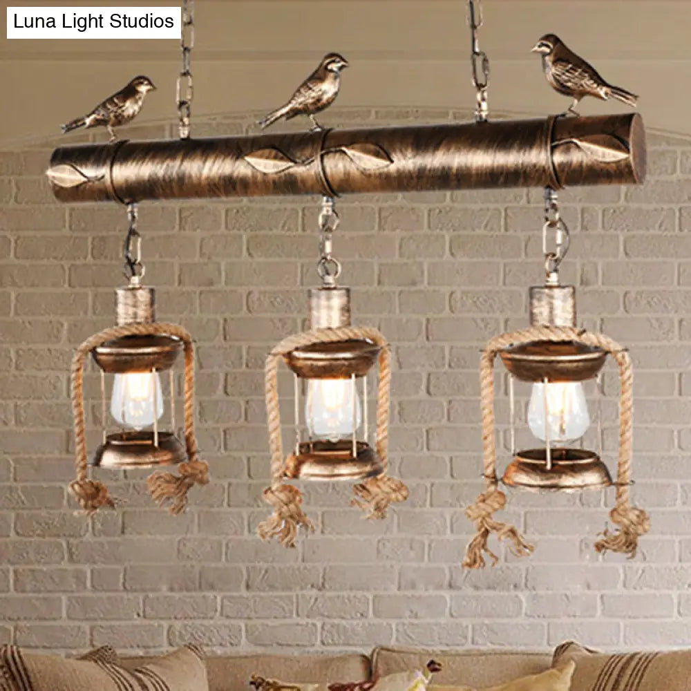 Coastal Style Metal Caged Island Pendant Light - 3-Light Kitchen Hanging Lamp In Bronze/Weathered