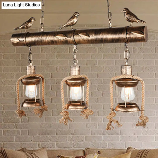 Coastal Style Metal Caged Island Pendant Light - 3-Light Kitchen Hanging Lamp In Bronze/Weathered
