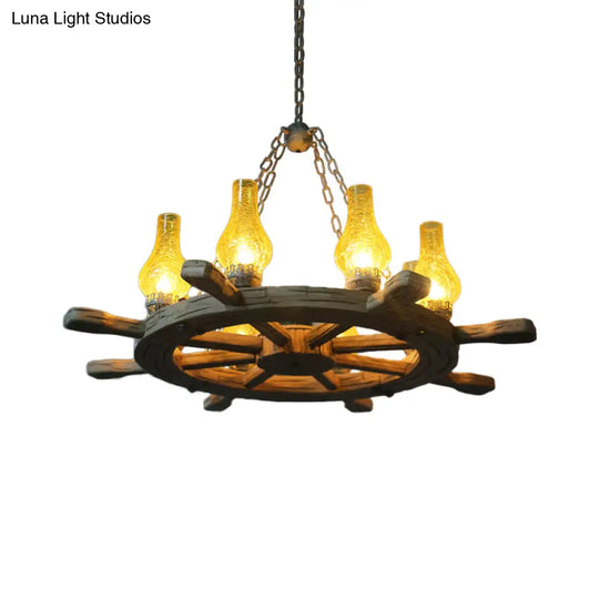 Coastal Wood Rudder Pendant Light Kit With Yellow Crackle Glass Shade - 8-Light Chandelier Lighting