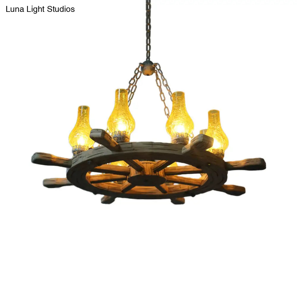 Coastal Wood Rudder Pendant Light Kit With Yellow Crackle Glass Shade - 8-Light Chandelier For