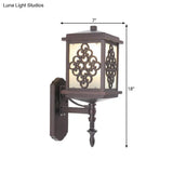 Coffee Cubic Cream Glass Wall Mount Light With Chinese Knot Pattern - 1 Patio Sconce For Cottage