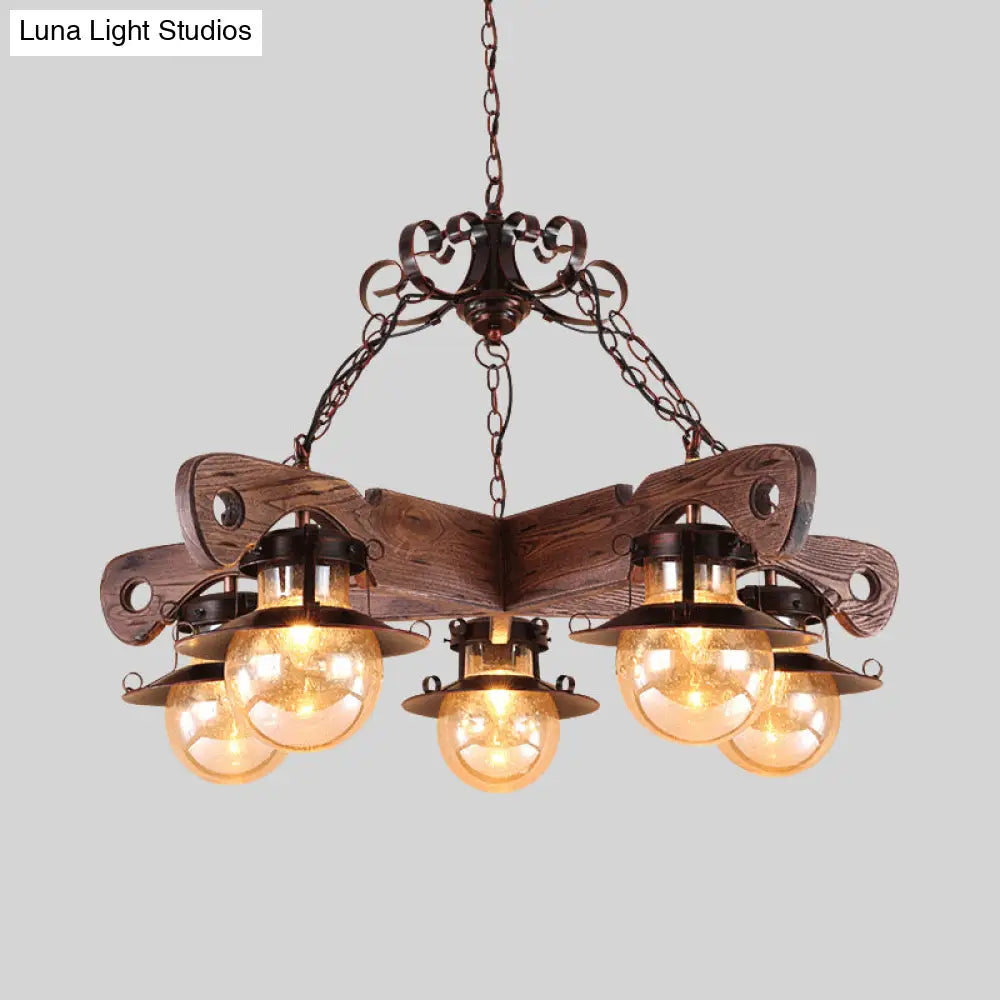 Cognac Seeded Glass Chandelier With Rustic Ball Pendant: 5/9 Lights Industrial Lighting