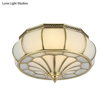 Colonial 4-Head Cream Glass Drum Ceiling Light In Brass For Living Rooms