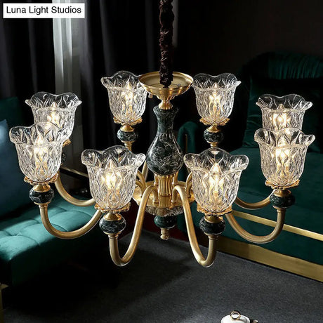 Colonial Brass Chandelier: Clear Glass Flower Up Suspended Lighting Fixture For Living Room