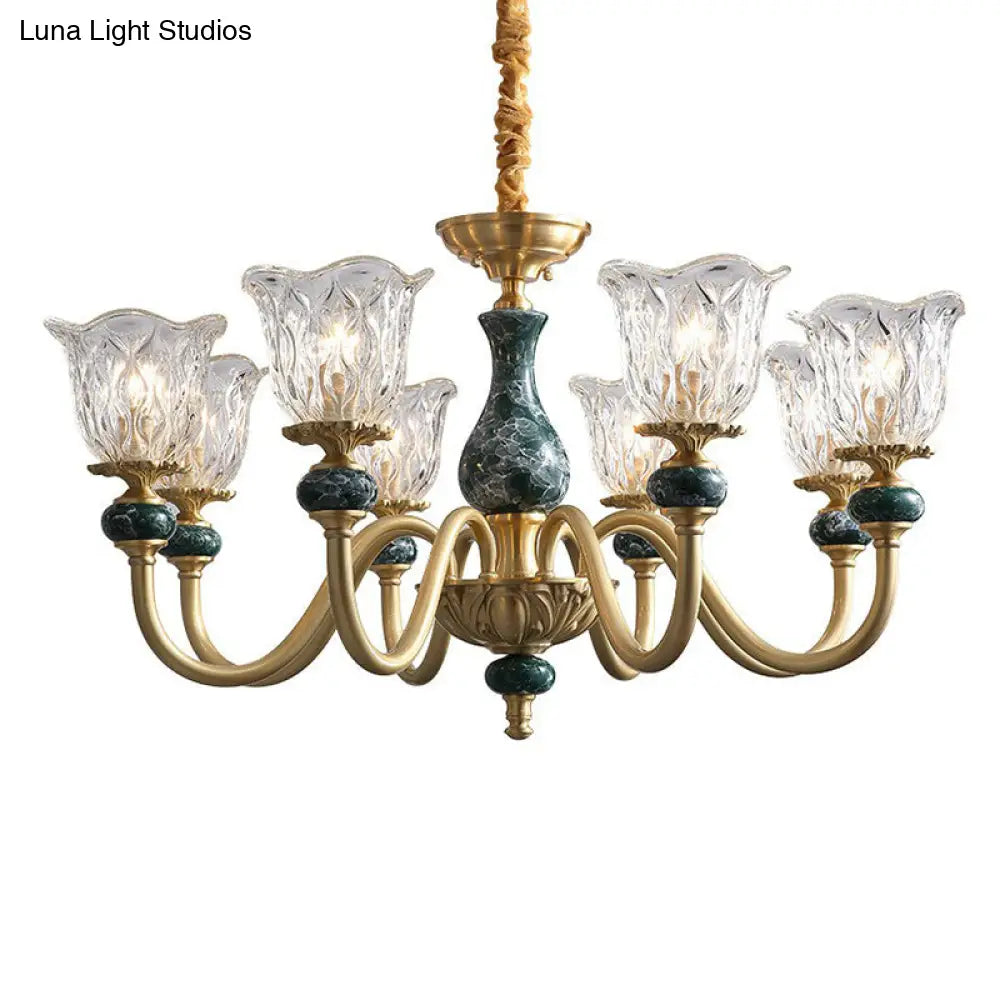 Colonial Brass Chandelier: Clear Glass Flower Up Suspended Lighting Fixture For Living Room