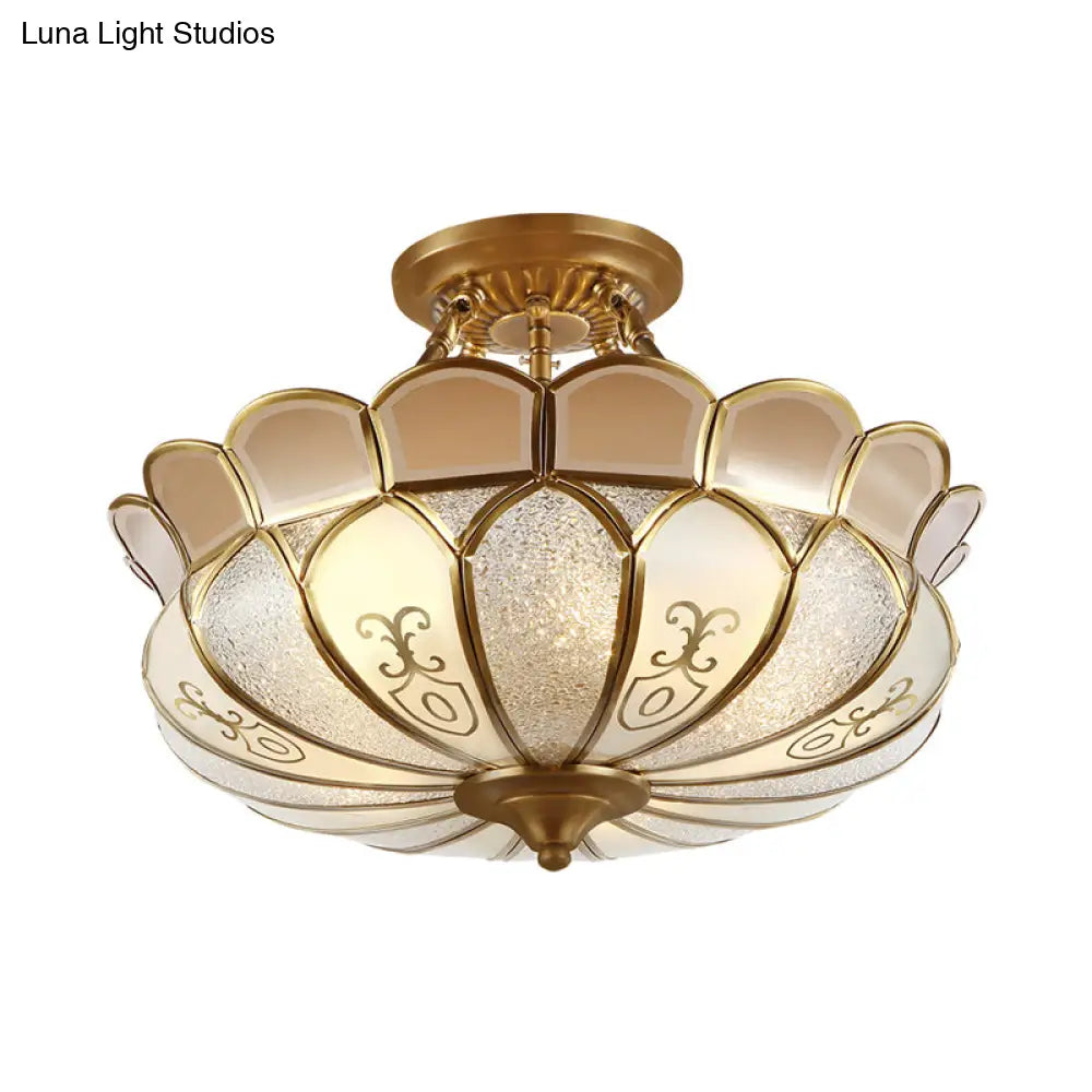 Colonial Brass Dining Room Ceiling Light Fixture - Scalloped Semi - Flush Mount Opaque Glass 4 Bulbs