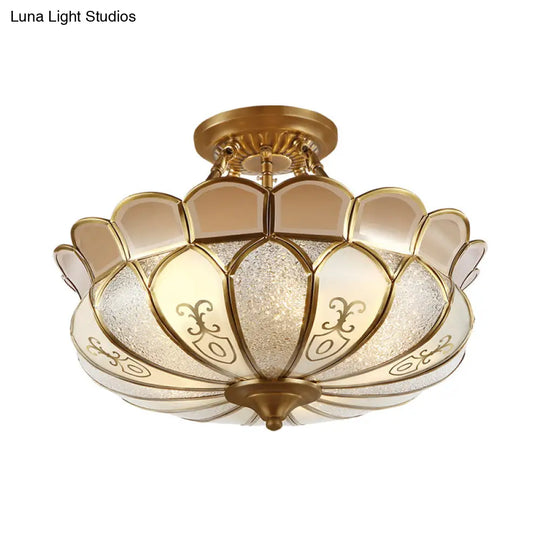 Colonial Brass Dining Room Ceiling Light Fixture - Scalloped Semi - Flush Mount Opaque Glass 4 Bulbs