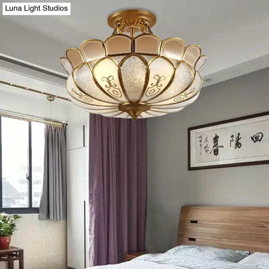 Colonial Opaque Glass 4-Bulb Brass Ceiling Light Fixture - Scalloped Dining Room Semi-Flush Mount