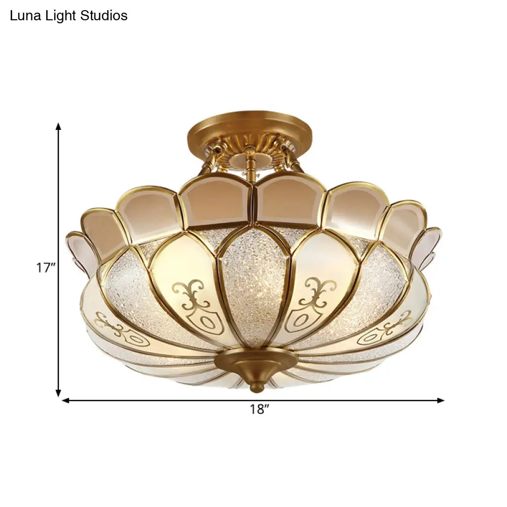 Colonial Brass Dining Room Ceiling Light Fixture - Scalloped Semi - Flush Mount Opaque Glass 4 Bulbs