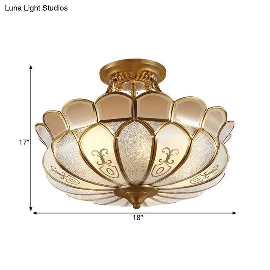 Colonial Brass Dining Room Ceiling Light Fixture - Scalloped Semi - Flush Mount Opaque Glass 4 Bulbs