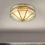 Colonial Brass Drum Ceiling Light With Opaline Glass - 3 Bulb Flush Mount For Bedroom