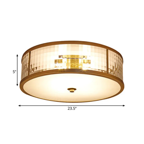 Colonial Brass Drum Ceiling Mount Light Fixture With Frosted Crystal Glass For Bedroom - 3/4/5 Bulbs