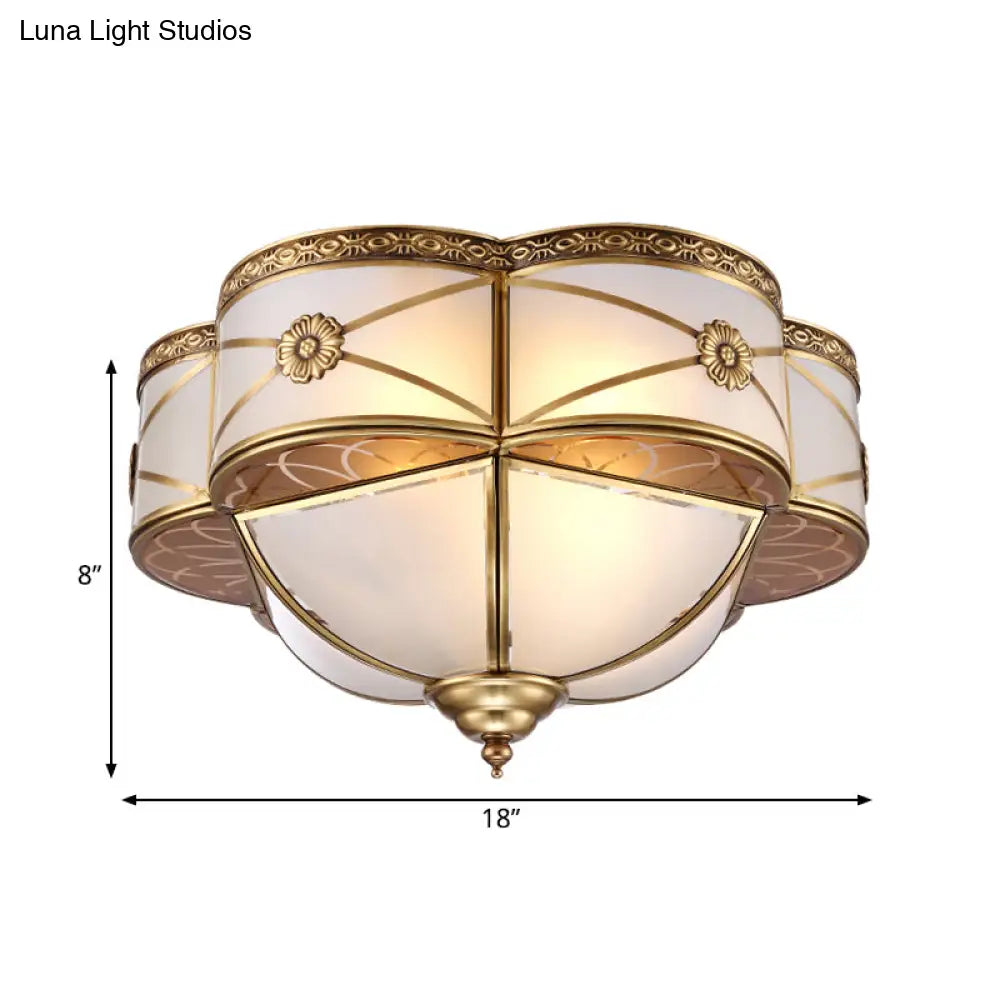 Colonial Brass Flush Mount Lamp With Sandblasted Glass Scalloped Ceiling Light For Living Room