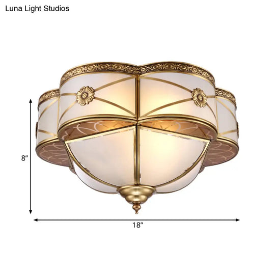 Colonial Brass Flush Mount Lamp With Sandblasted Glass Scalloped Ceiling Light For Living Room