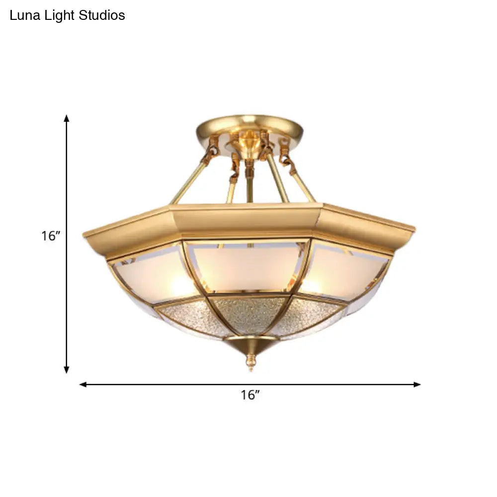Colonial Brass Semi-Flush Ceiling Light With Curved Frosted Glass Dome - 4 Lights | 14/16 Wide Ideal