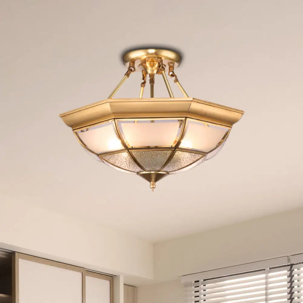 Colonial Brass Semi - Flush Ceiling Light With Curved Frosted Glass Dome - 4 Lights | 14’/16’