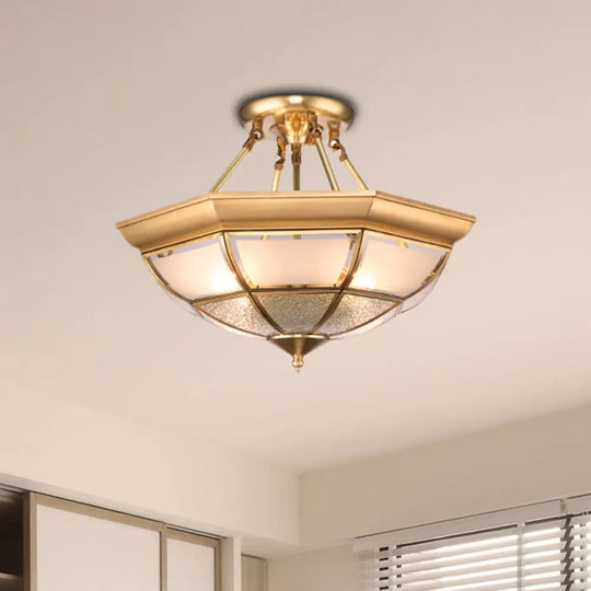 Colonial Brass Semi - Flush Ceiling Light With Curved Frosted Glass Dome - 4 Lights | 14’/16’