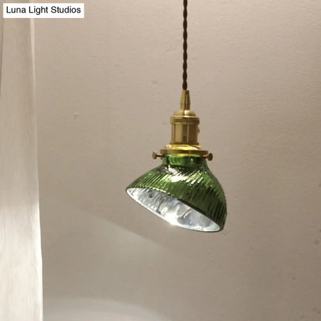 Colonial Clear/Green Prismatic Glass Hanging Lamp For Twisted Bowl Restaurant - 1-Light Brass