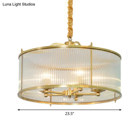 Colonial Drum Ribbed Glass Chandelier - Polished Brass Small/Medium/Large Sizes Multiple Lights