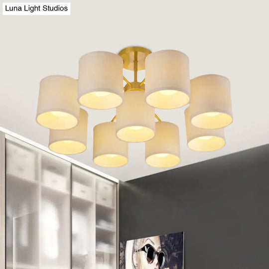 Colonial Fabric Cylinder Semi Mount Ceiling Light - Gold Finish 9 Lights Living Room Lighting